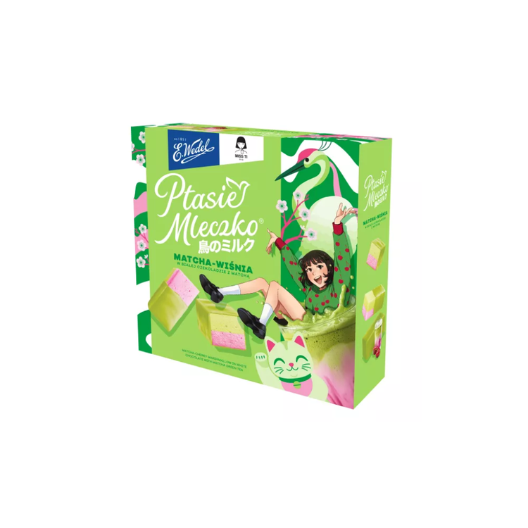 Wedel Ptasie Mleczko Matcha Cherry Flavour Marshmallow In White Chocolate With Matcha 340g X 18